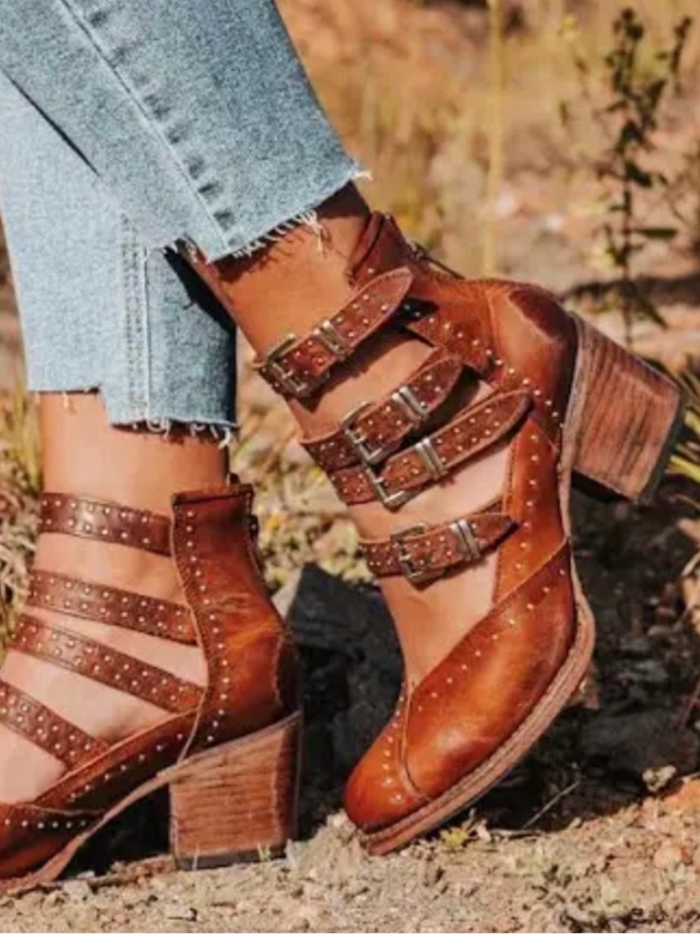 Freebird Felicity Boot 8 Cognac Brown Strap Buckle Western Bohemian Cowgirl Chic - Picture 3 of 14